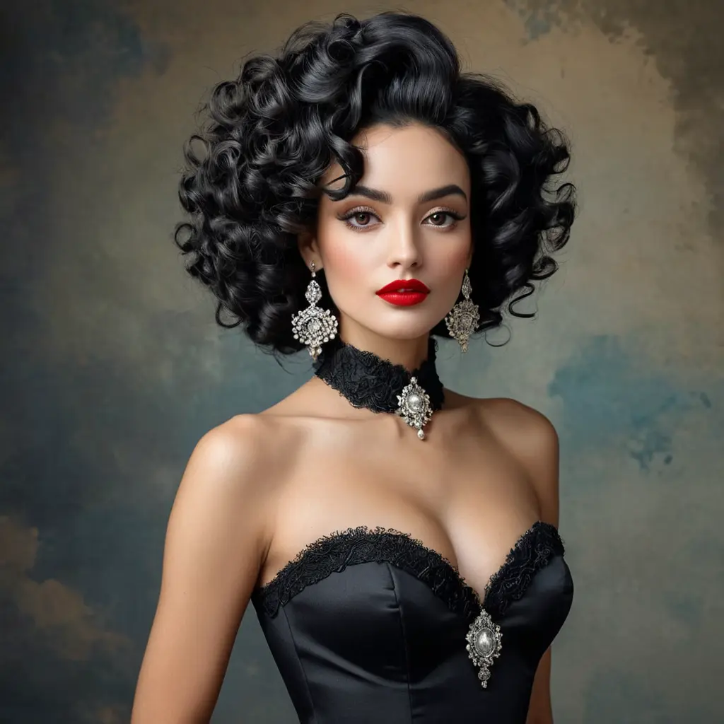 A stunning woman reminiscent of Salvador Dali's 'Gala', with bold red lips and curly black hair, Highly Detailed, Half Body, Gorgeous, Stunning, Elegant