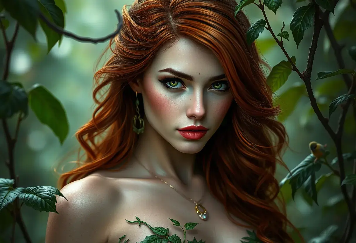 Alluring matte portrait of Poison Ivy in the style of Stefan Kostic, 8k, Highly Detailed, Intricate, Half Body, Matte Painting, Realistic, Sharp Focus, Fantasy by Greg Rutkowski