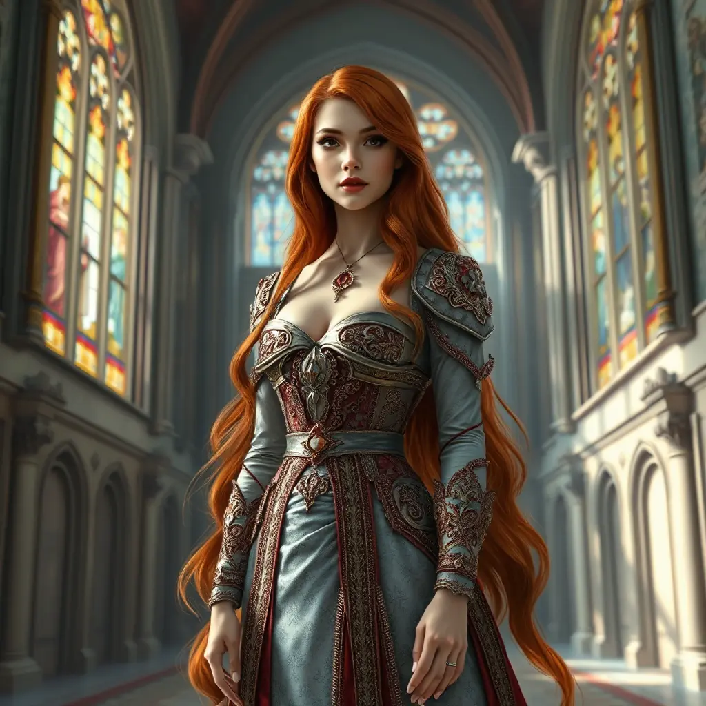 A stunning woman with long red hair, wearing an intricately detailed medieval gown, standing in a grand castle hall, the light streaming through stained glass windows, regal and majestic, Highly Detailed, Half Body, Gorgeous, Stunning, Elegant by Stanley Artgerm Lau