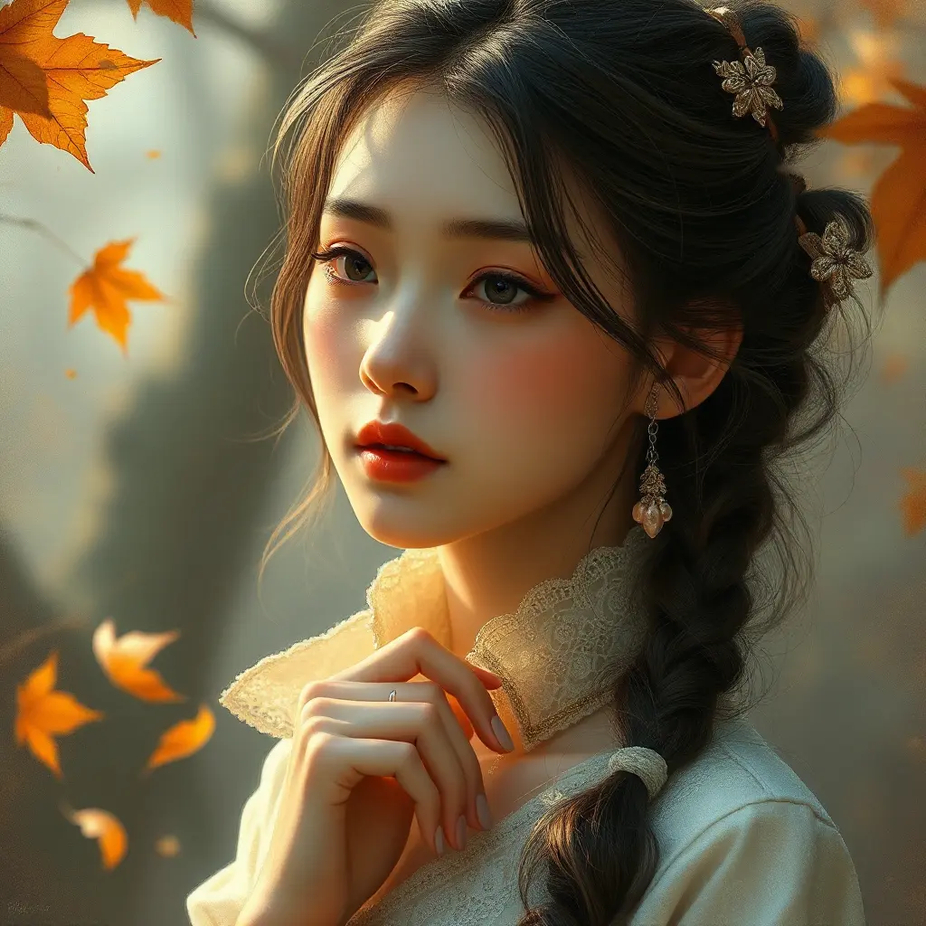 A soft-spoken poetess with an aura of quiet introspection, surrounded by the gentle whispers of autumn leaves, Highly Detailed, Half Body, Gorgeous, Stunning, Elegant by Stanley Artgerm Lau