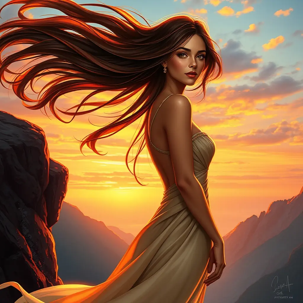 A stunning woman with flowing long hair, standing on a cliff at sunset, dressed in an elegant gown, her expression serene and contemplative, vivid colors in the sky reflecting on her face., Highly Detailed, Half Body, Gorgeous, Stunning, Elegant by Stanley Artgerm Lau