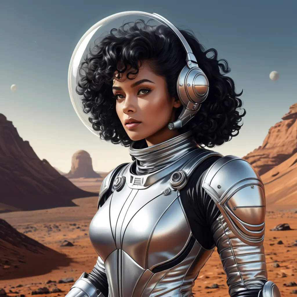 A retro-futuristic illustration of a woman with curly black hair and dark features, wearing a stylish silver spacesuit, exploring Mars' surface, Highly Detailed, Intricate, Half Body, Realistic