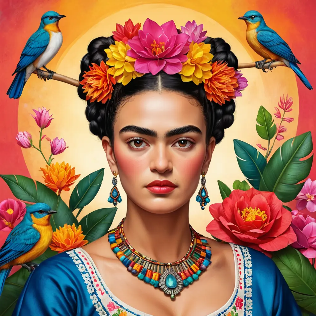 A captivating Frida Kahlo painting come to life, filled with vibrant colors and symbols, Highly Detailed, Half Body, Gorgeous, Stunning, Elegant by Stanley Artgerm Lau