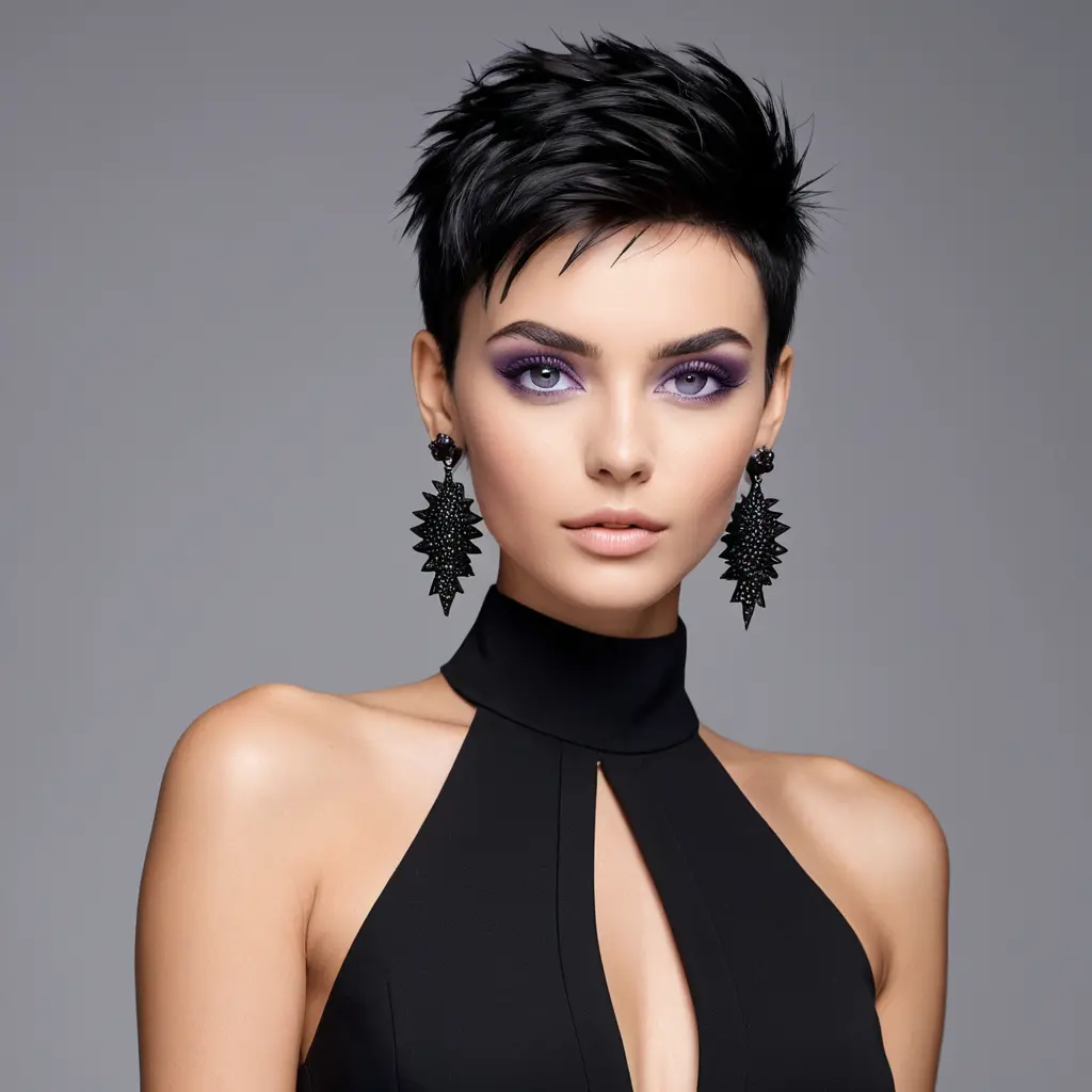 A chic woman with short, spiky black hair and piercing purple eyes, wearing a sleek black jumpsuit and statement earrings, Highly Detailed, Half Body, Gorgeous, Stunning, Elegant