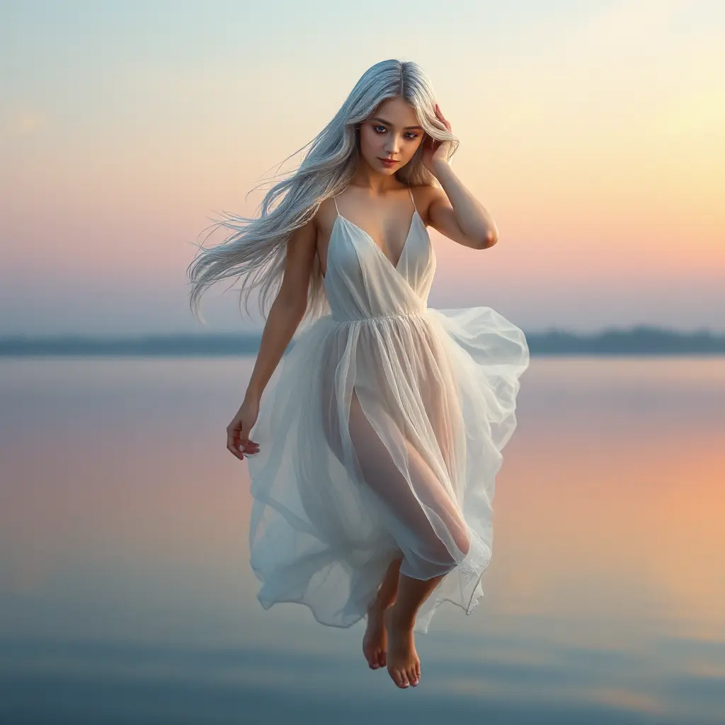 An ethereal woman with silver-white hair, soft violet eyes, and an airy chiffon dress, floating gracefully above a tranquil, mirror-like lake at twilight, Highly Detailed, Half Body, Gorgeous, Stunning, Elegant by Stanley Artgerm Lau