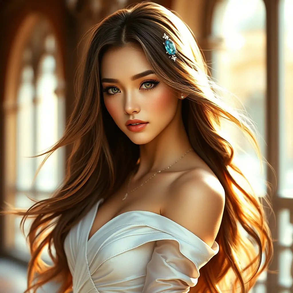 A woman with cascading chestnut brown hair, her eyes sparkling like sapphires, wearing a flowing white dress that catches the light, Highly Detailed, Half Body, Gorgeous, Stunning, Elegant by Stanley Artgerm Lau