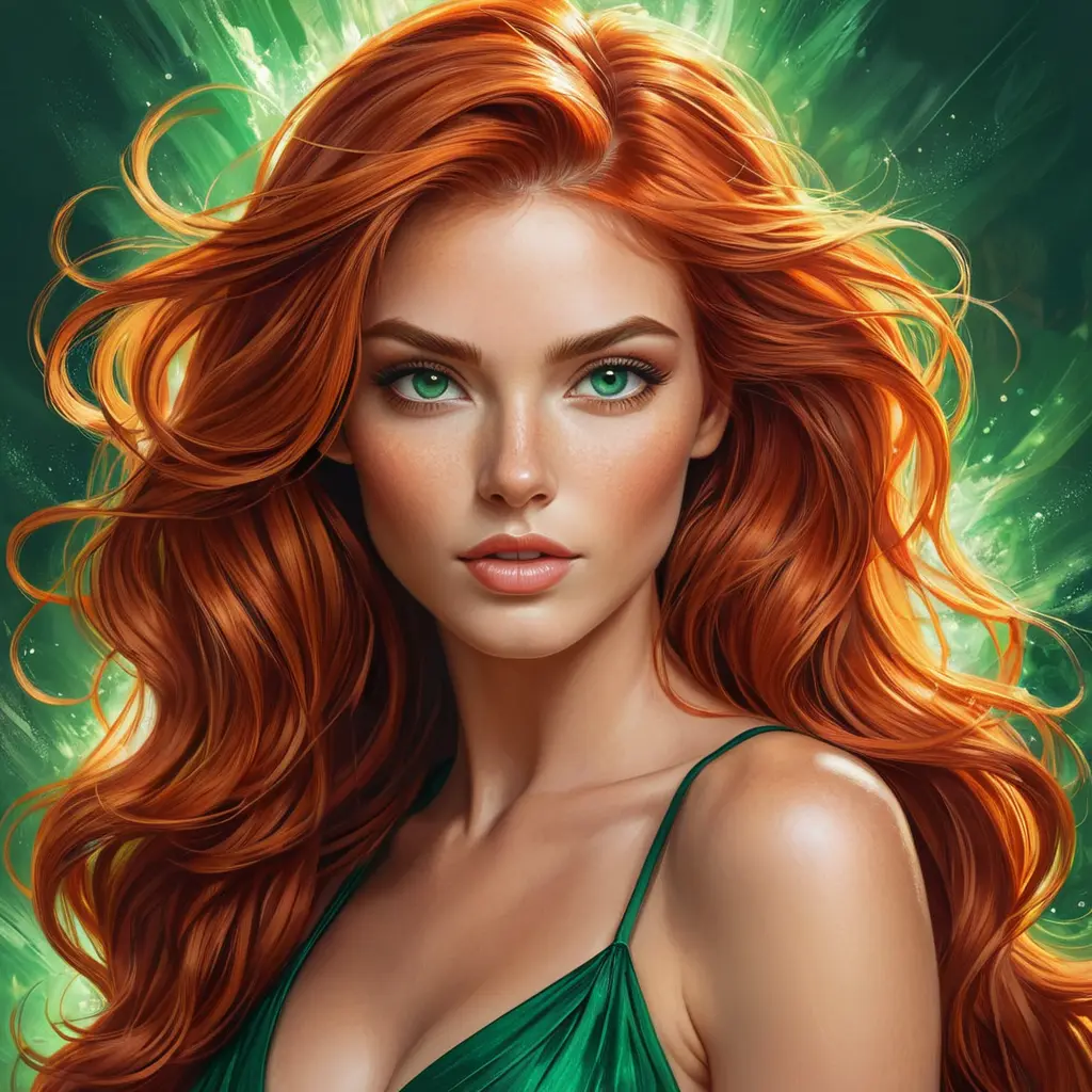 A vibrantly beautiful woman with fiery red hair, emerald green eyes, and a passionate expression, radiating energy and intensity, Highly Detailed, Half Body, Gorgeous, Stunning, Elegant by Stanley Artgerm Lau