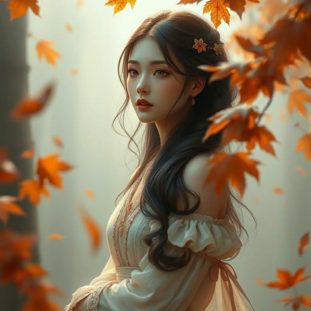 A soft-spoken poetess with an aura of quiet introspection, surrounded by the gentle whispers of autumn leaves, Highly Detailed, Half Body, Gorgeous, Stunning, Elegant by Stanley Artgerm Lau