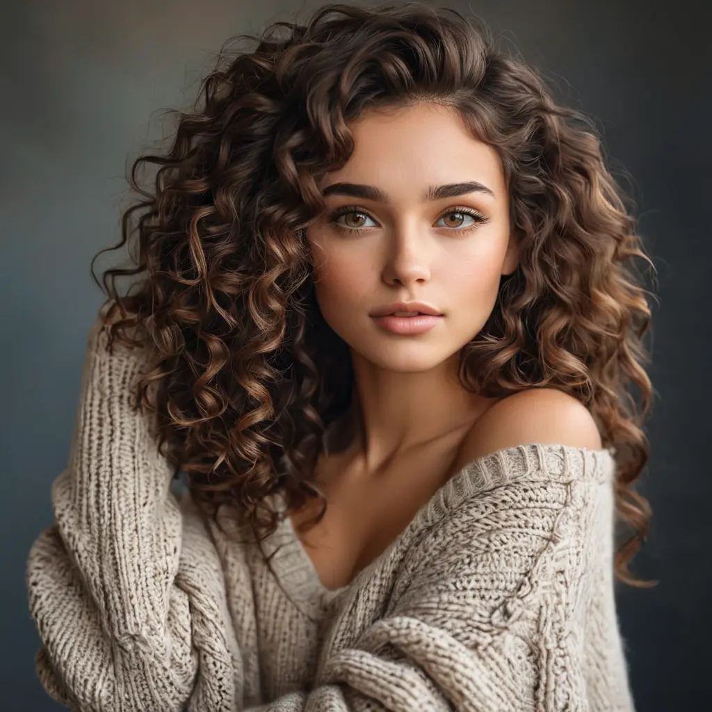 A gorgeous woman with curly dark brown hair and warm hazel eyes, wearing a cozy sweater and distressed denim, Highly Detailed, Half Body, Gorgeous, Stunning, Elegant