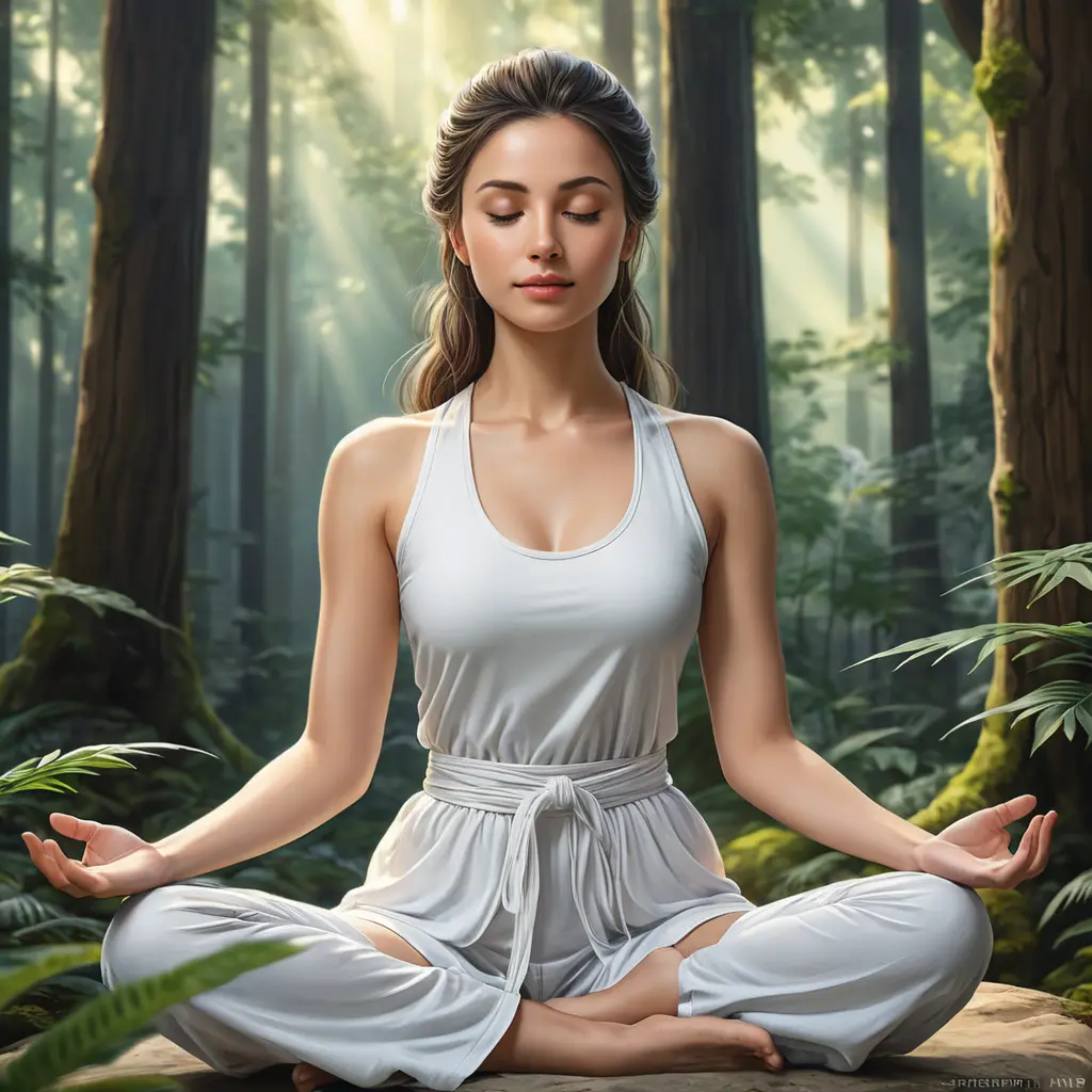 a serene woman meditating in a peaceful forest, Highly Detailed, Half Body, Gorgeous, Stunning, Elegant by Stanley Artgerm Lau