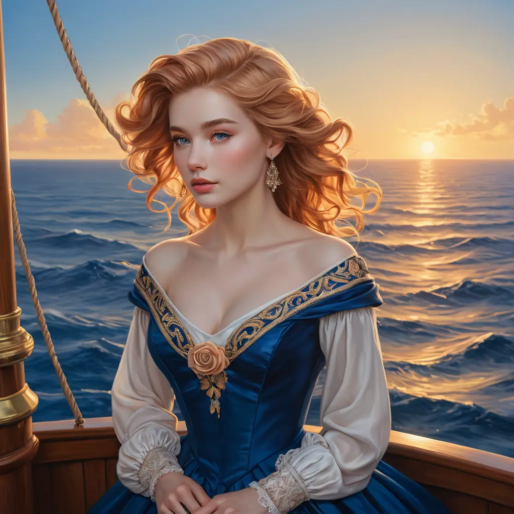 An exquisite illustration of a woman with porcelain skin and rose-gold hair, posing gracefully on the bow of a historic sailing ship, wearing a period-accurate gown in rich sapphire blue, as she looks out towards the horizon at sunset., Highly Detailed, Half Body, Gorgeous, Stunning, Elegant by Stanley Artgerm Lau