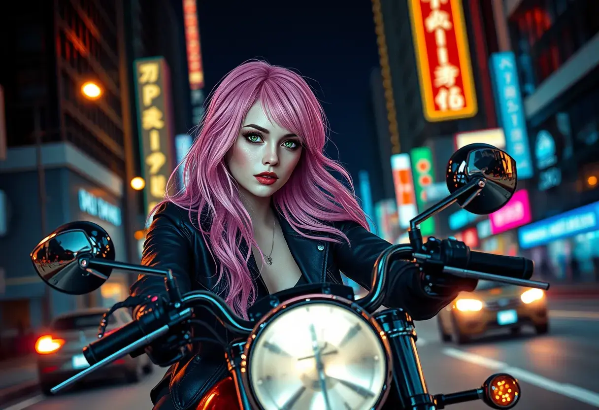 A woman with pink hair and heterochromatic eyes (one blue, one green), riding her motorcycle through neon-lit city streets at night, Highly Detailed, Intricate, Half Body, Realistic