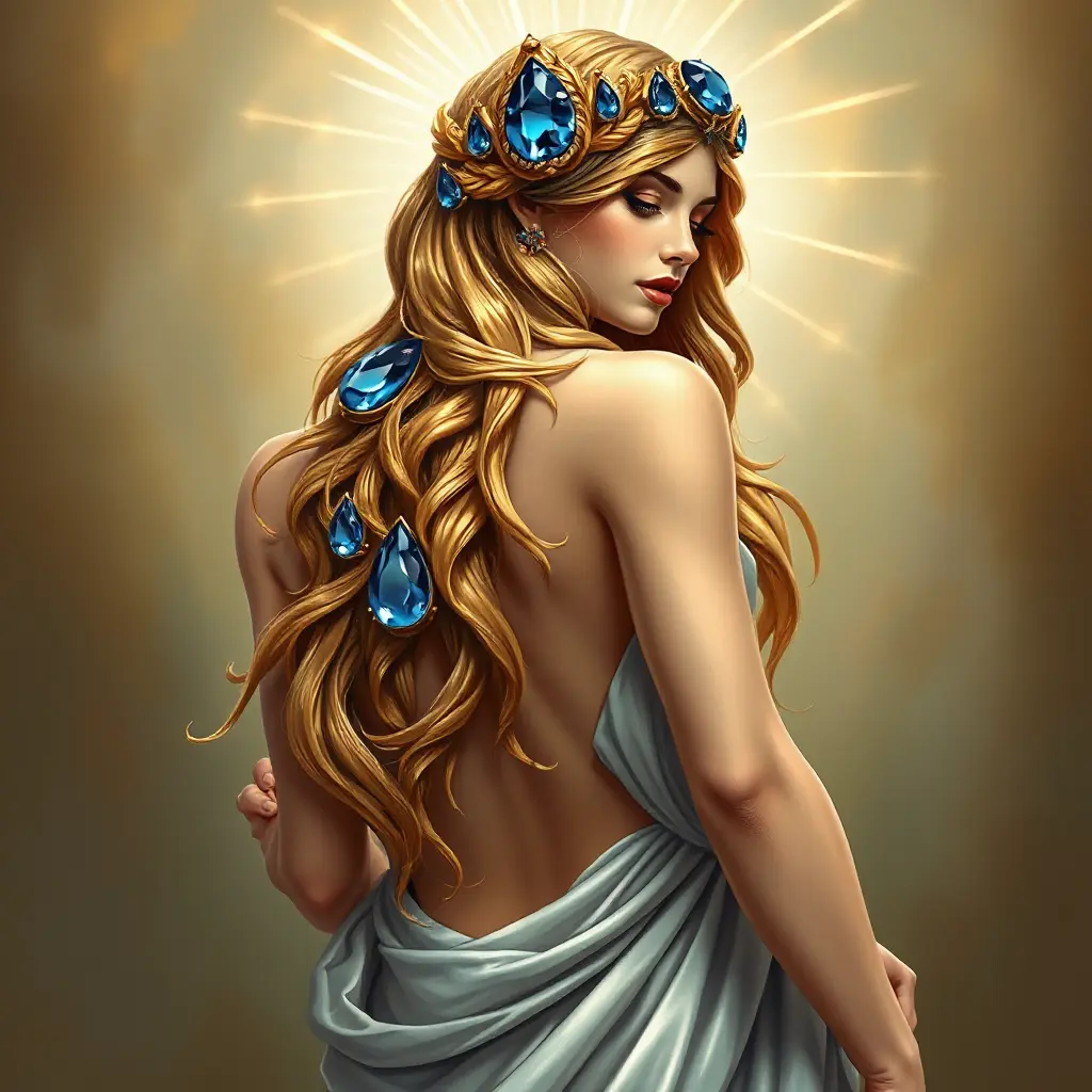 A radiant goddess from ancient Greece, adorned with golden laurels and sapphires, her tawny tresses cascading down her back like a waterfall., Highly Detailed, Half Body, Gorgeous, Stunning, Elegant by Stanley Artgerm Lau