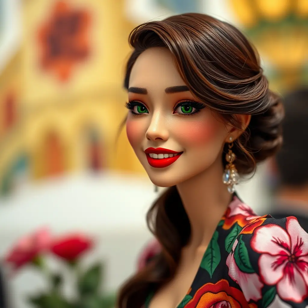 A vibrant brunette with striking green eyes, sporting a bright red lipsticked smile, wearing a bold floral print dress that complements her lively personality, Highly Detailed, Half Body, Gorgeous, Stunning, Elegant by Stanley Artgerm Lau