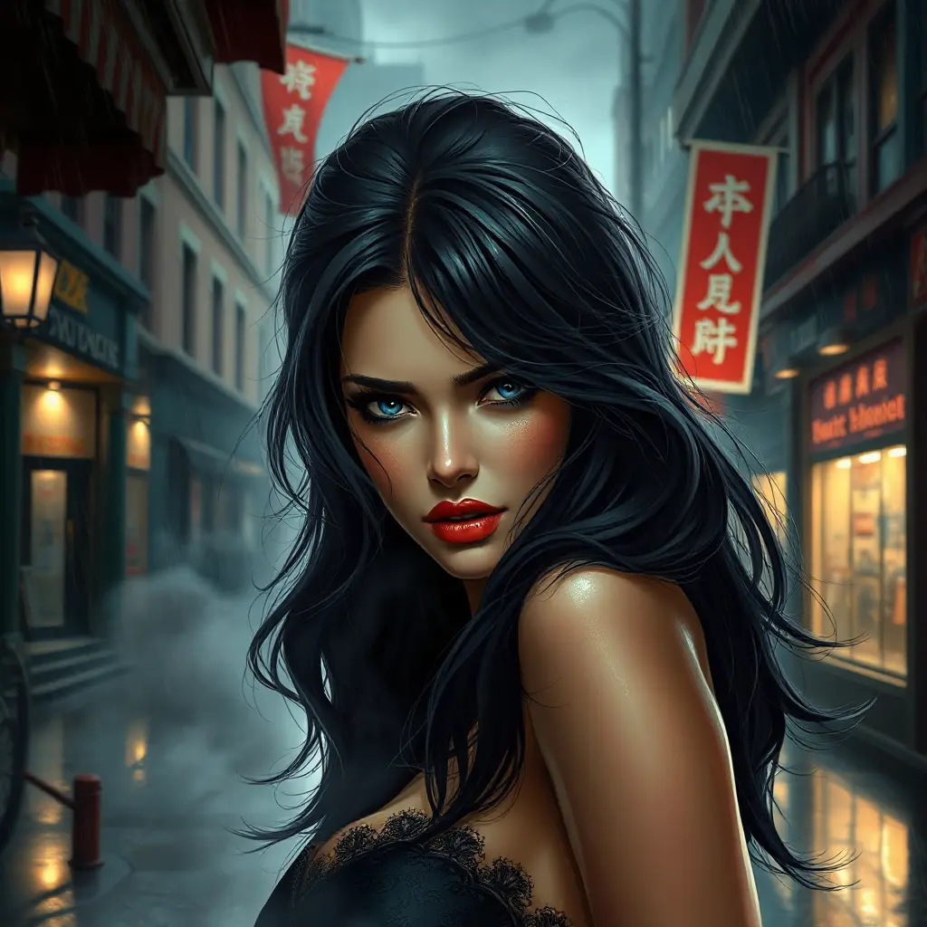 A mysterious and alluring femme fatale with piercing sapphire eyes and raven-black hair, shrouded in smoke and shadows on a rain-soaked city street, Highly Detailed, Half Body, Gorgeous, Stunning, Elegant by Stanley Artgerm Lau