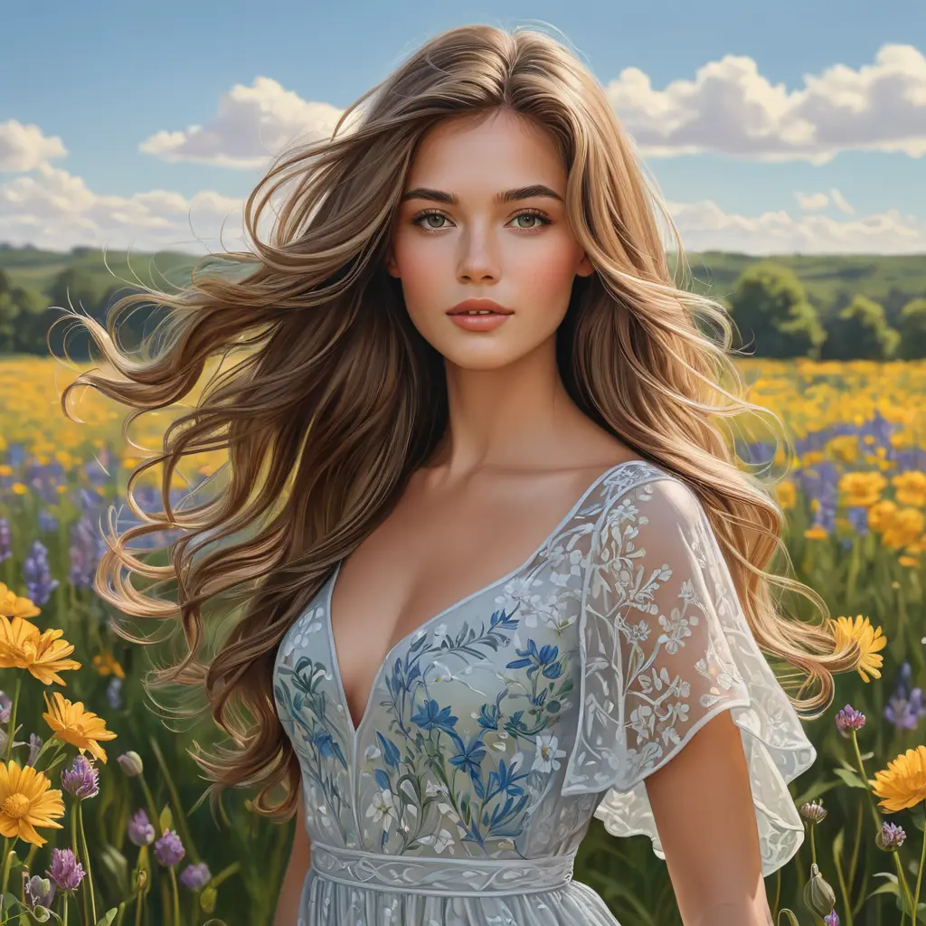 a beautiful woman with flowing hair, standing in a field of wildflowers, Highly Detailed, Half Body, Gorgeous, Stunning, Elegant by Stanley Artgerm Lau