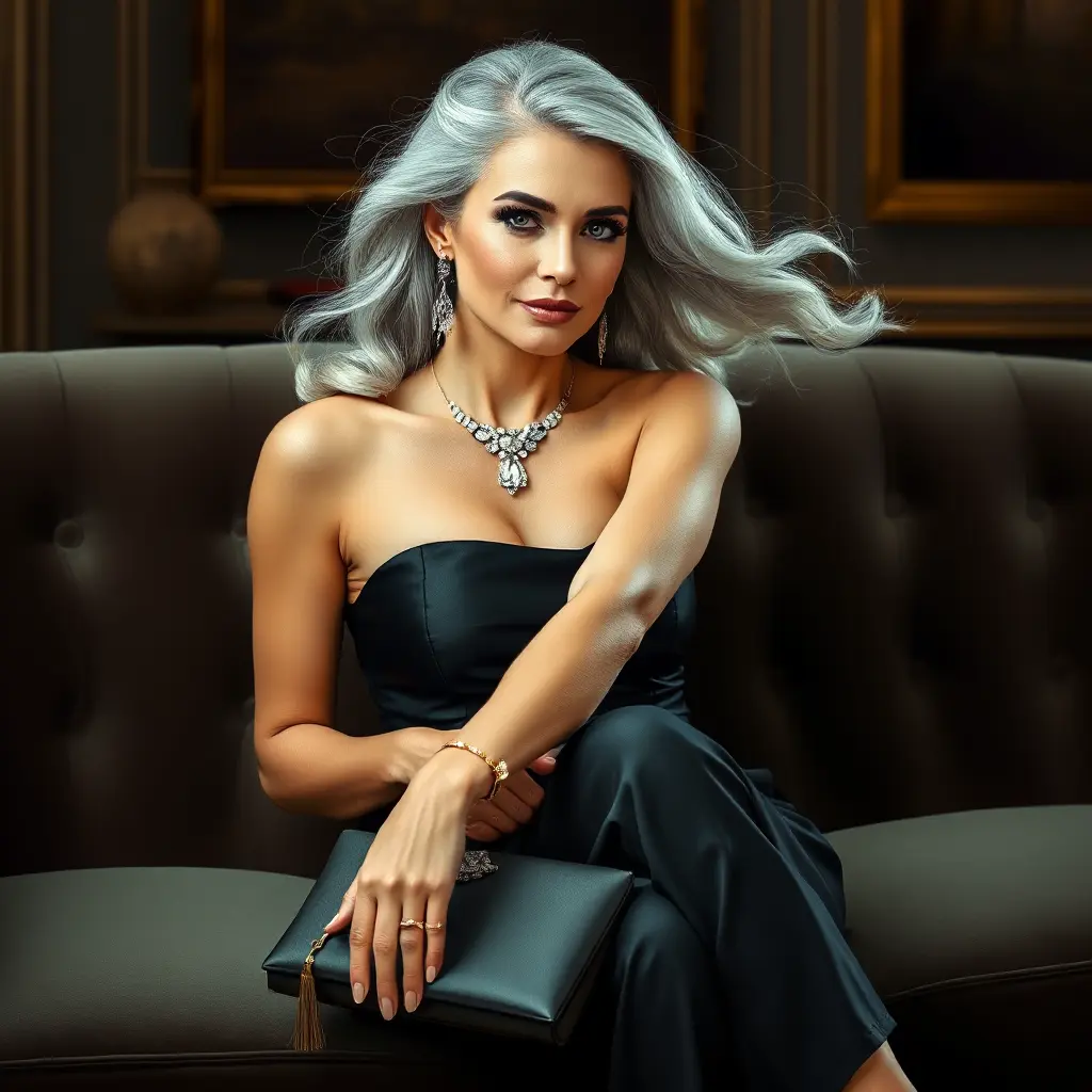 A sophisticated woman in her early 40s, silver hair flowing gently, dressed in a classic LBD with diamond earrings and clutch, seated elegantly on a velvet sofa, Highly Detailed, Half Body, Gorgeous, Stunning, Elegant by Stanley Artgerm Lau