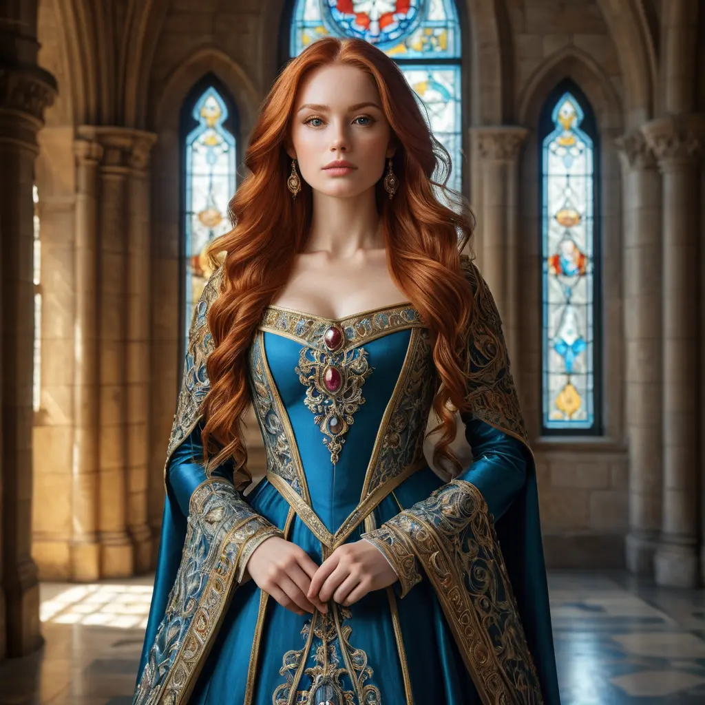 A stunning woman with long red hair, wearing an intricately detailed medieval gown, standing in a grand castle hall, the light streaming through stained glass windows, regal and majestic, Highly Detailed, Half Body, Gorgeous, Stunning, Elegant by Stanley Artgerm Lau