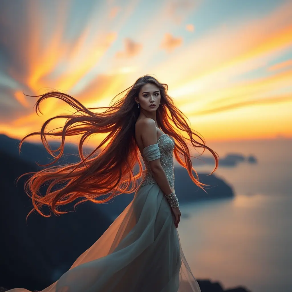 A stunning woman with flowing long hair, standing on a cliff at sunset, dressed in an elegant gown, her expression serene and contemplative, vivid colors in the sky reflecting on her face., Highly Detailed, Half Body, Gorgeous, Stunning, Elegant by Stanley Artgerm Lau