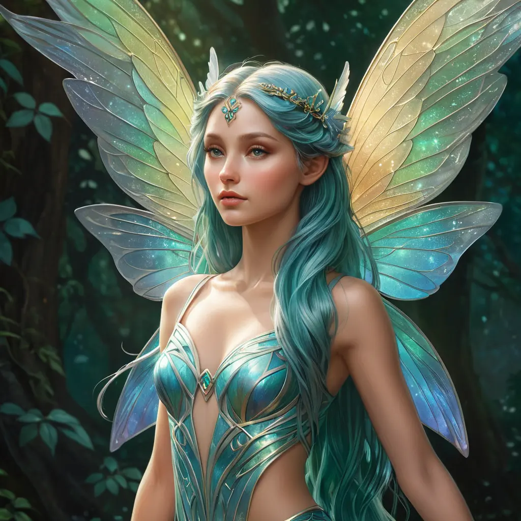 An ethereal fairy from Celtic mythology, wings shimmering with iridescent hues, Highly Detailed, Half Body, Gorgeous, Stunning, Elegant by Stanley Artgerm Lau