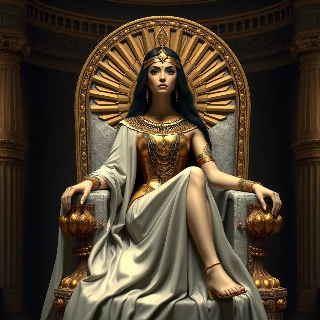 An elegant Cleopatra VII, the last Pharaoh of Ancient Egypt, sitting on her throne, Highly Detailed, Half Body, Gorgeous, Stunning, Elegant by Stanley Artgerm Lau