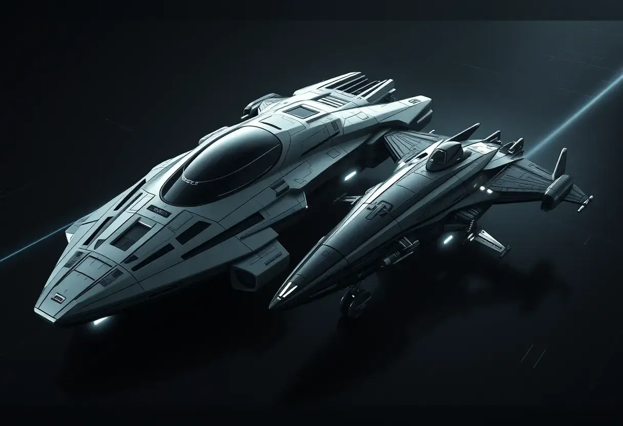 One with a spacecraft parked next to another, in the style of monochromatic compositions, dynamic action sequences, wlop, vray, silver and black, streamline elegance, hisui sugiura, Sci-Fi, Volumetric Lighting