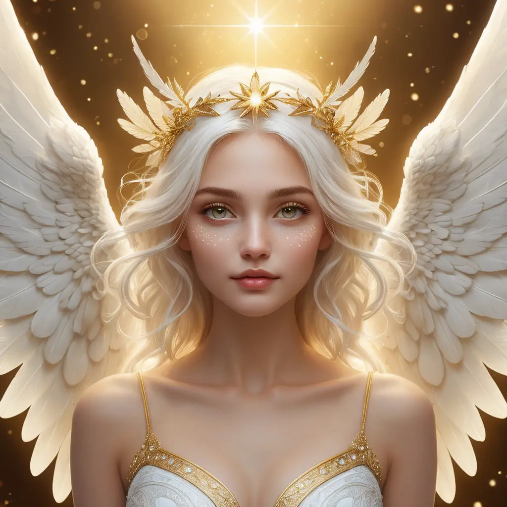 A celestial being with wings of pure white and eyes like stars, floating amidst a halo of soft, golden light, Highly Detailed, Half Body, Gorgeous, Stunning, Elegant by Stefan Kostic