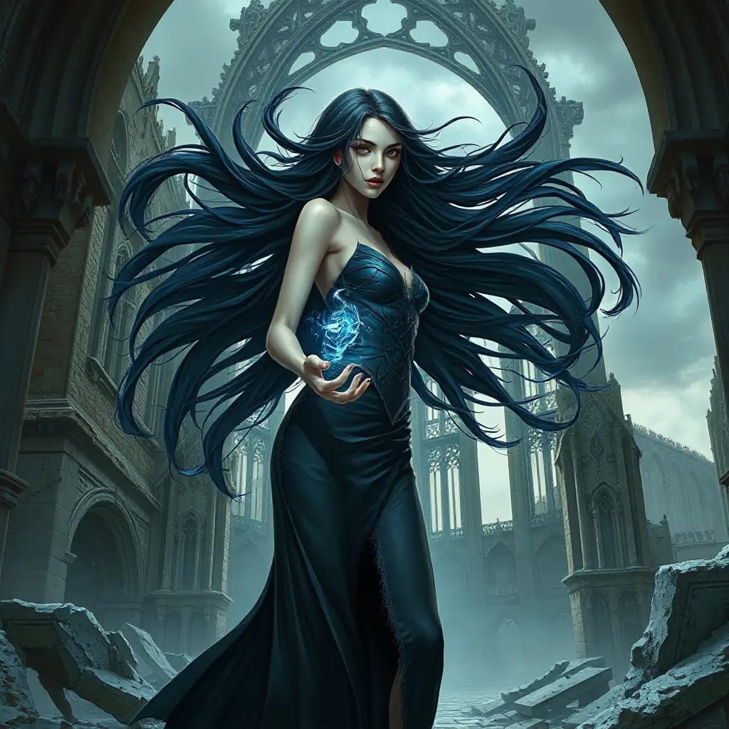 An enchantress standing amidst the ruins of an old, gothic cathedral, her raven hair flowing like a river of midnight ink, her eyes piercing through the shadows cast by the broken spires, a mystical energy emanating from her fingertips., Highly Detailed, Half Body, Gorgeous, Stunning, Elegant by Stanley Artgerm Lau