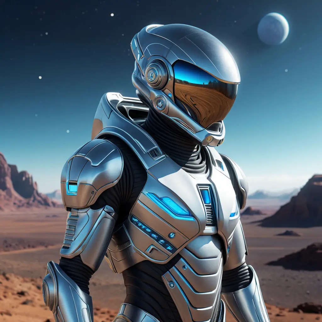 A futuristic astronaut with a sleek, silver spacesuit and a helmet adorned with glowing, neon-blue accents, standing on the surface of a distant, alien planet, Highly Detailed, Half Body, Gorgeous, Stunning, Elegant by Stefan Kostic