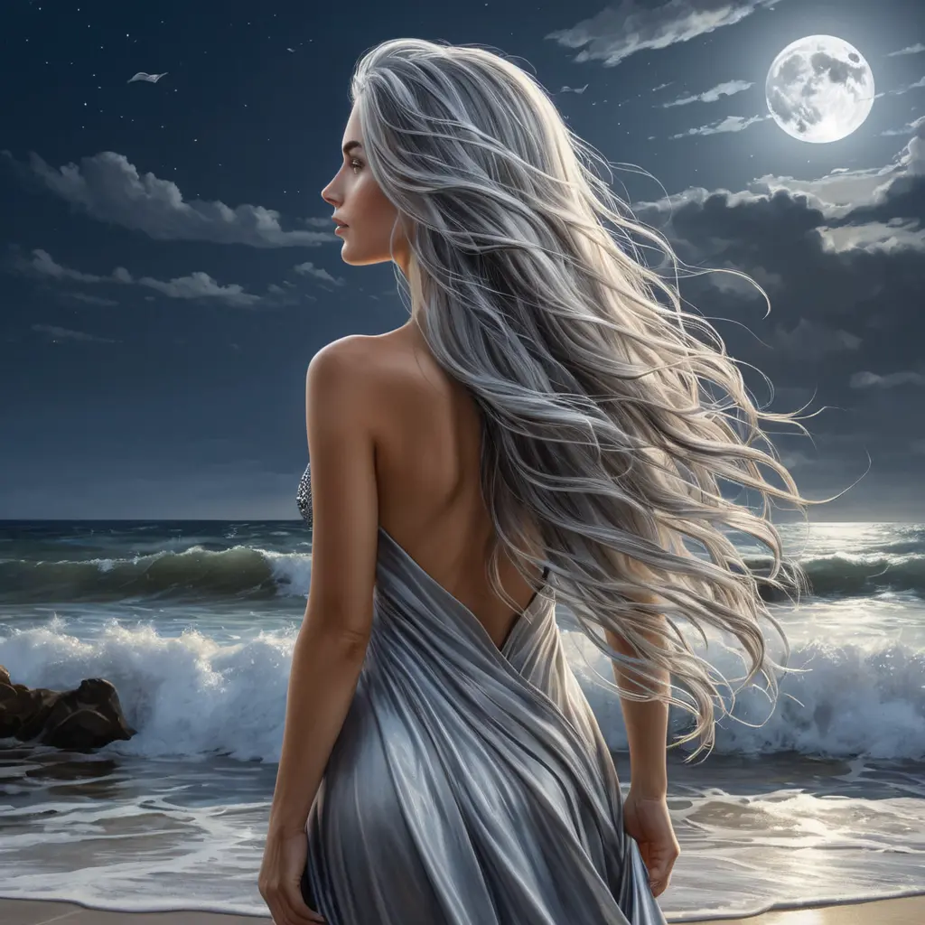 A woman standing on a moonlit beach, with her long, silver hair flowing behind her, as the waves crash against the shore, Highly Detailed, Half Body, Gorgeous, Stunning, Elegant by Greg Rutkowski