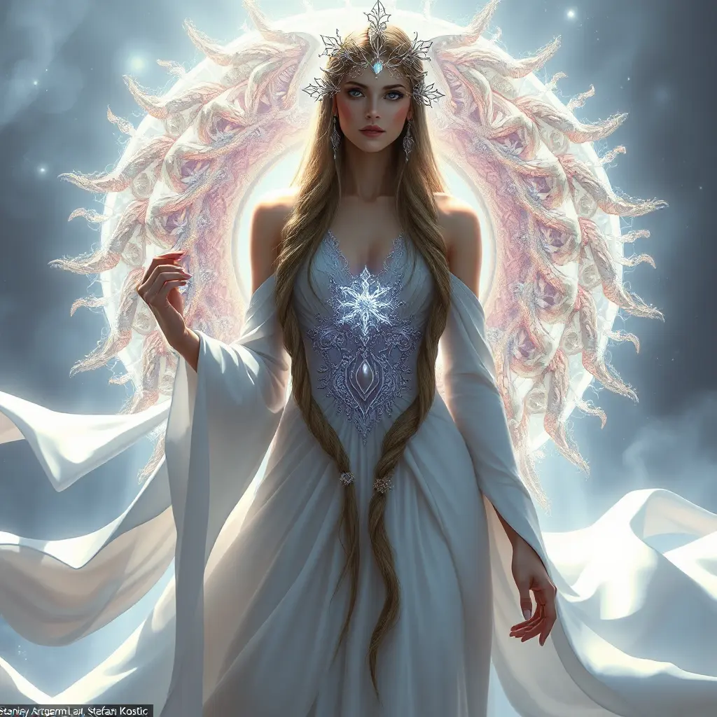 ethereal goddess with flowing gown, intricate braids, and otherworldly glow, Highly Detailed, Half Body, Gorgeous, Stunning, Elegant by Stanley Artgerm Lau, Stefan Kostic