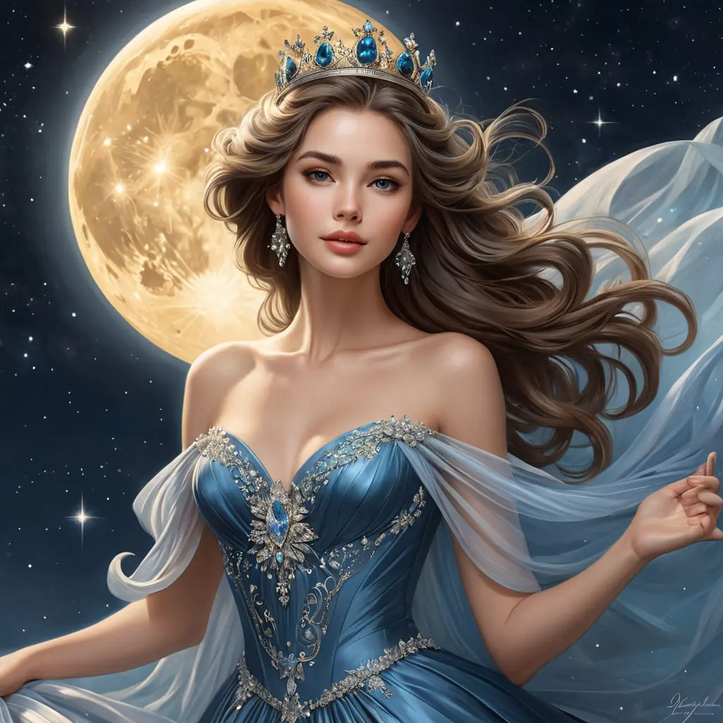 A woman of exquisite elegance, dressed in a gown that mirrors the starlit sky above, with a crown of celestial bodies twinkling upon her head, her presence commanding yet gentle as a whisper on the night wind., Highly Detailed, Half Body, Gorgeous, Stunning, Elegant by Stanley Artgerm Lau