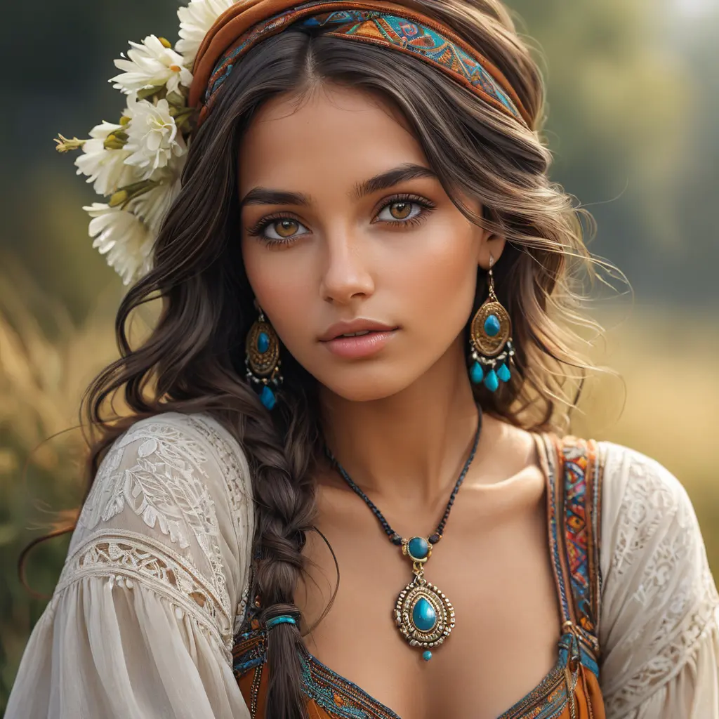 captivating gypsy with deep, soulful eyes, bohemian attire, and a carefree spirit, Highly Detailed, Half Body, Gorgeous, Stunning, Elegant by Stanley Artgerm Lau, Stefan Kostic