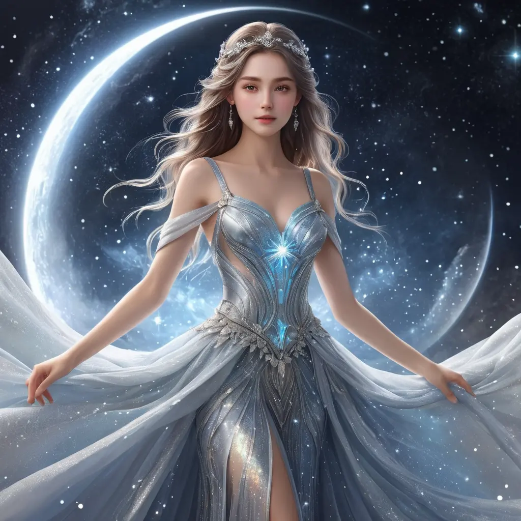 Celestial being with a shimmering aura and a gown made of stardust and moonbeams, Highly Detailed, Half Body, Gorgeous, Stunning, Elegant by WLOP