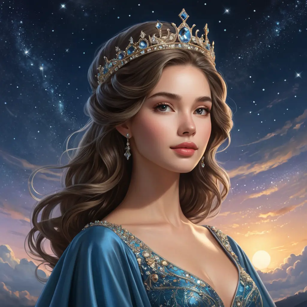 A woman of exquisite elegance, dressed in a gown that mirrors the starlit sky above, with a crown of celestial bodies twinkling upon her head, her presence commanding yet gentle as a whisper on the night wind., Highly Detailed, Half Body, Gorgeous, Stunning, Elegant by Stanley Artgerm Lau