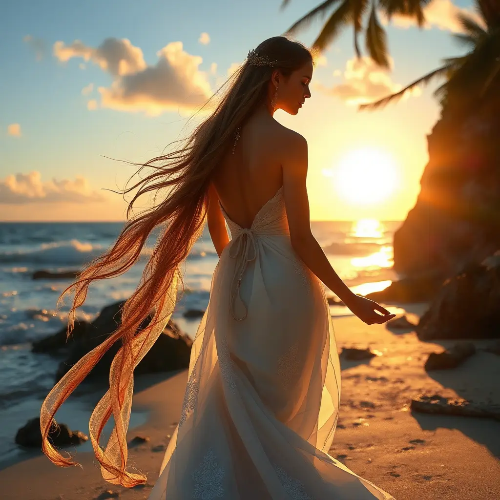 A vision of beauty basking in the golden light of the setting sun on a secluded beach, her figure outlined against the backdrop of the vast ocean, her attire a delicate fusion of natural elements—earth, water, and air., Highly Detailed, Half Body, Gorgeous, Stunning, Elegant by Stanley Artgerm Lau