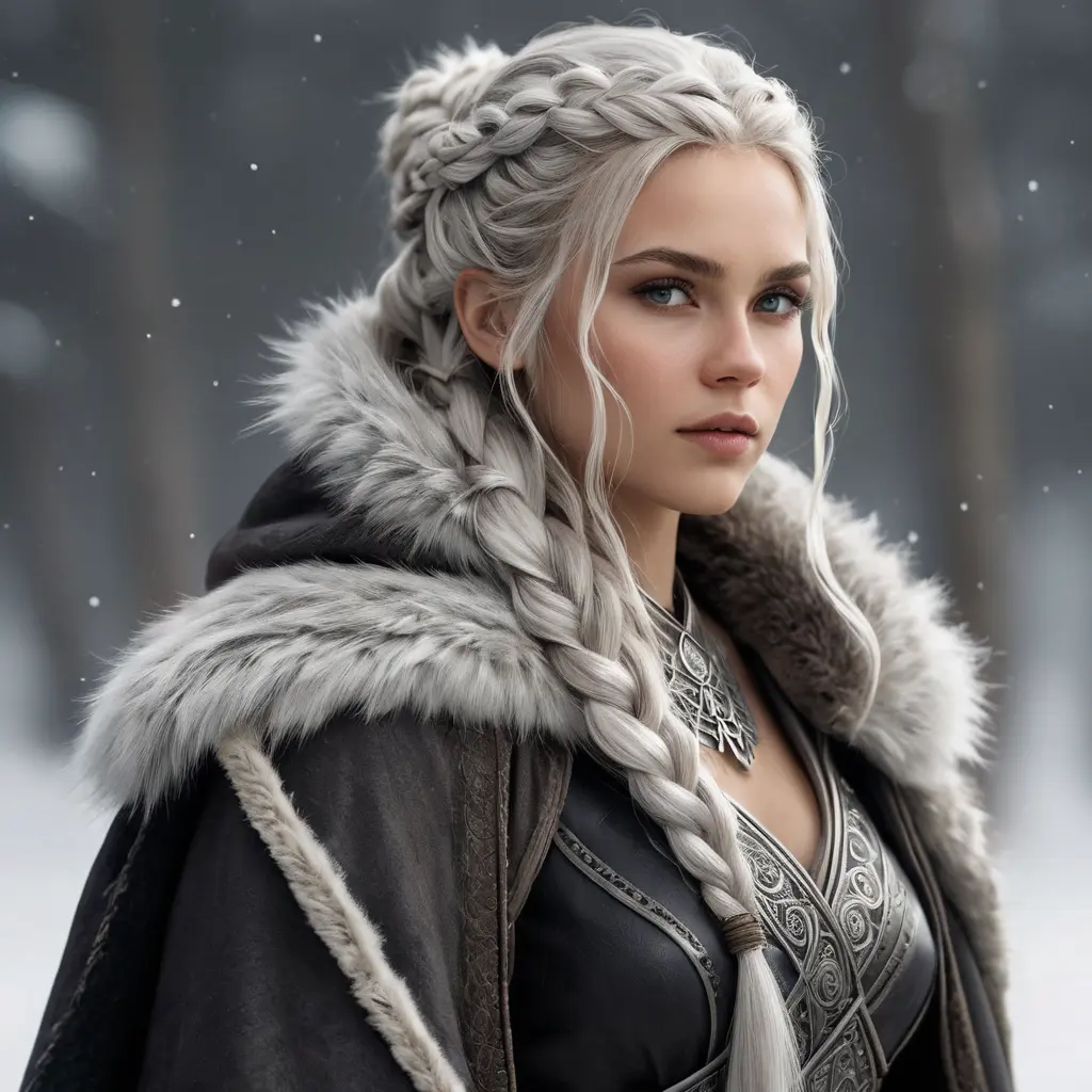 Viking warrior queen with braided silver hair and a fur-lined cloak, Highly Detailed, Half Body, Gorgeous, Stunning, Elegant by WLOP