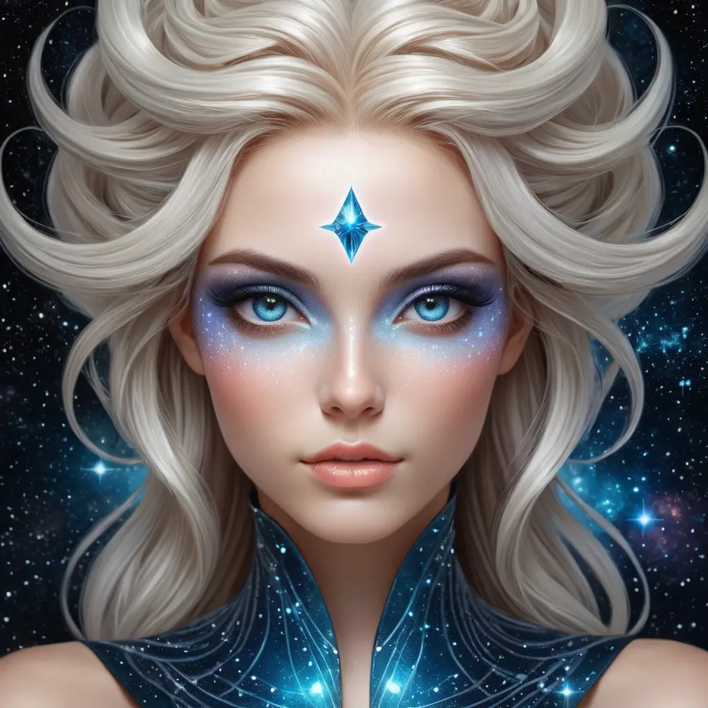 celestial being with cosmic eyes, stardust-infused tresses, and a transcendent aura, Highly Detailed, Half Body, Gorgeous, Stunning, Elegant by Stanley Artgerm Lau, Stefan Kostic