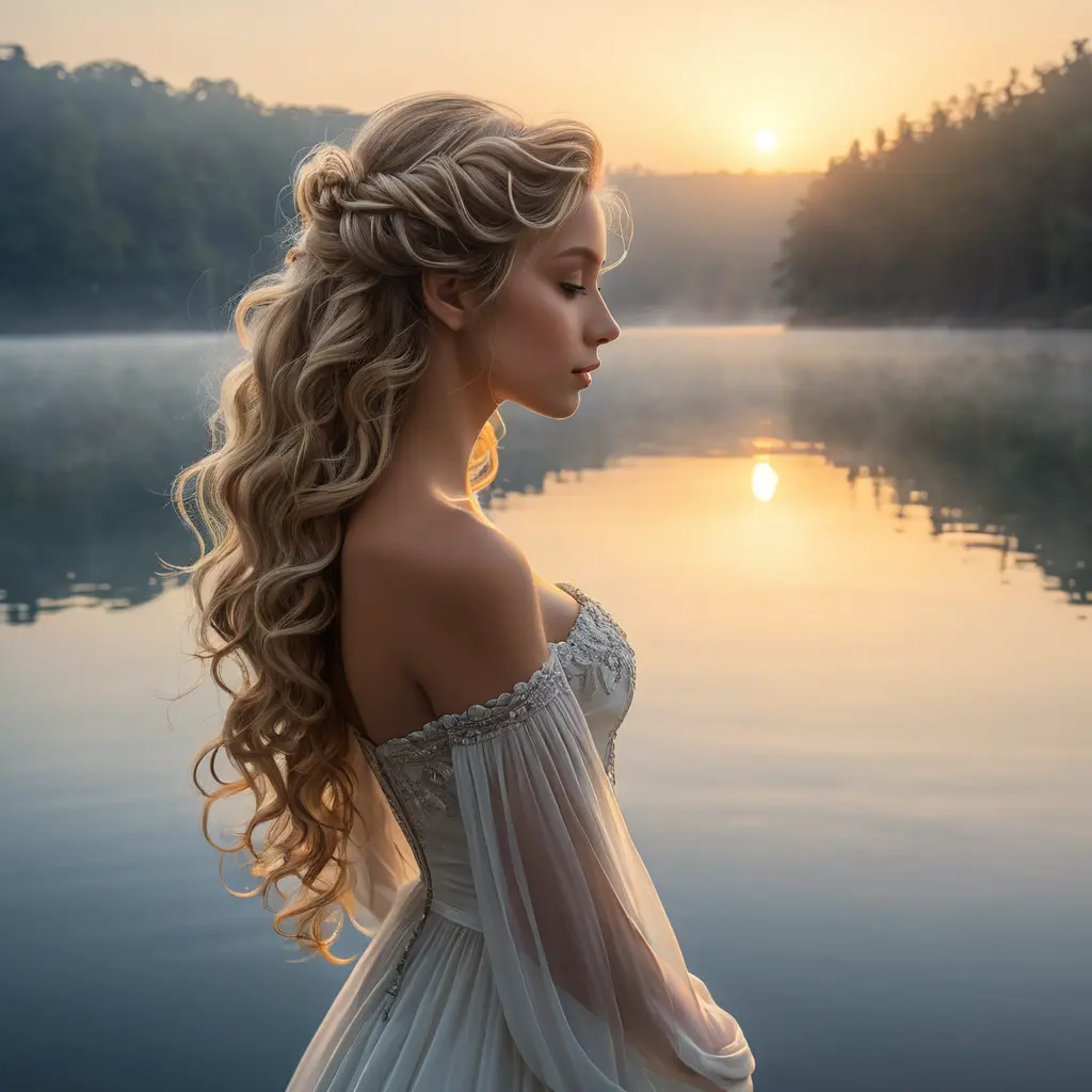 An ethereal beauty, with cascading curls of sunlight-kissed hair, stands at the edge of a serene lake as dawn breaks, her silhouette a blend of soft light and gentle mist, radiating an aura of tranquility and grace., Highly Detailed, Half Body, Gorgeous, Stunning, Elegant by Stanley Artgerm Lau