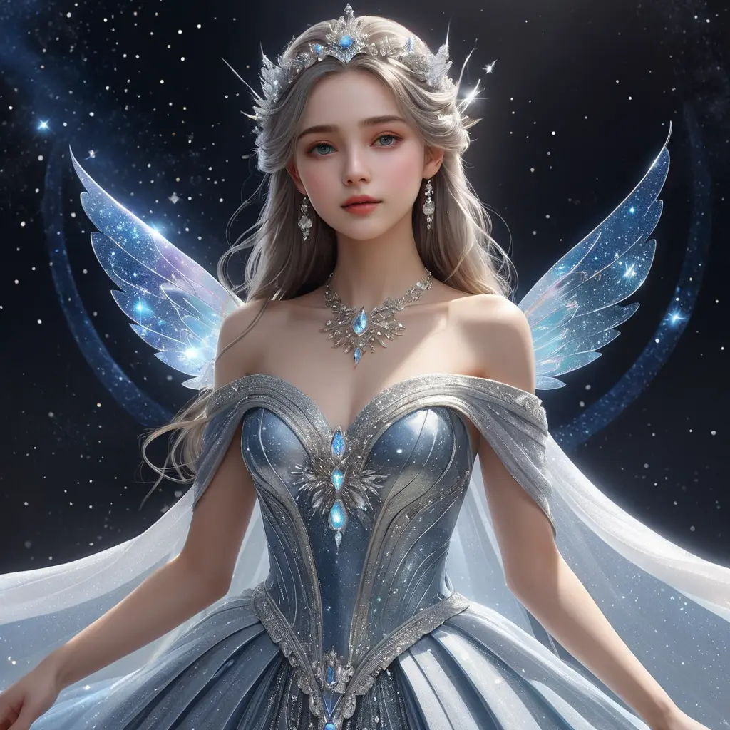 Celestial being with a shimmering aura and a gown made of stardust and moonbeams, Highly Detailed, Half Body, Gorgeous, Stunning, Elegant by WLOP