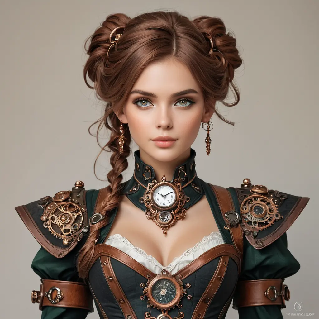 Steampunk enchantress with copper accents and a timepiece-adorned corset, Highly Detailed, Half Body, Gorgeous, Stunning, Elegant by WLOP