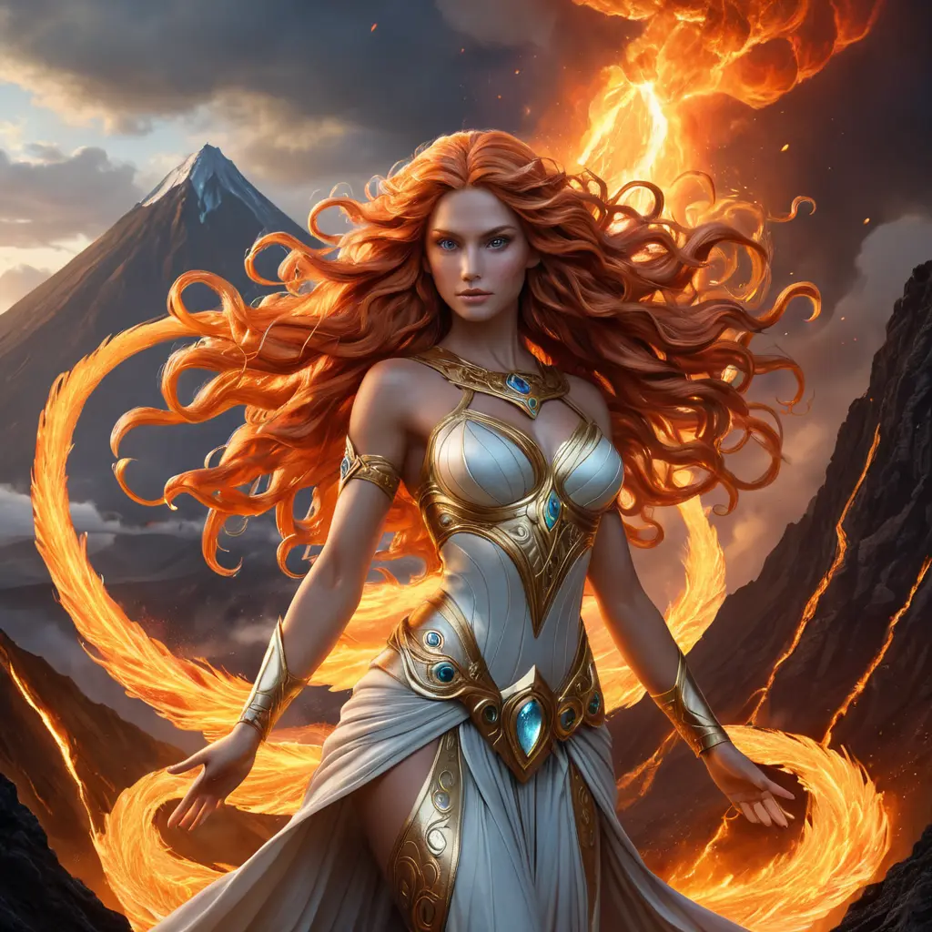 A mythological goddess with flowing, fiery locks and eyes that burn with inner power, standing in front of a roaring volcano, with light and lava swirling around her, Highly Detailed, Half Body, Gorgeous, Stunning, Elegant by Greg Rutkowski