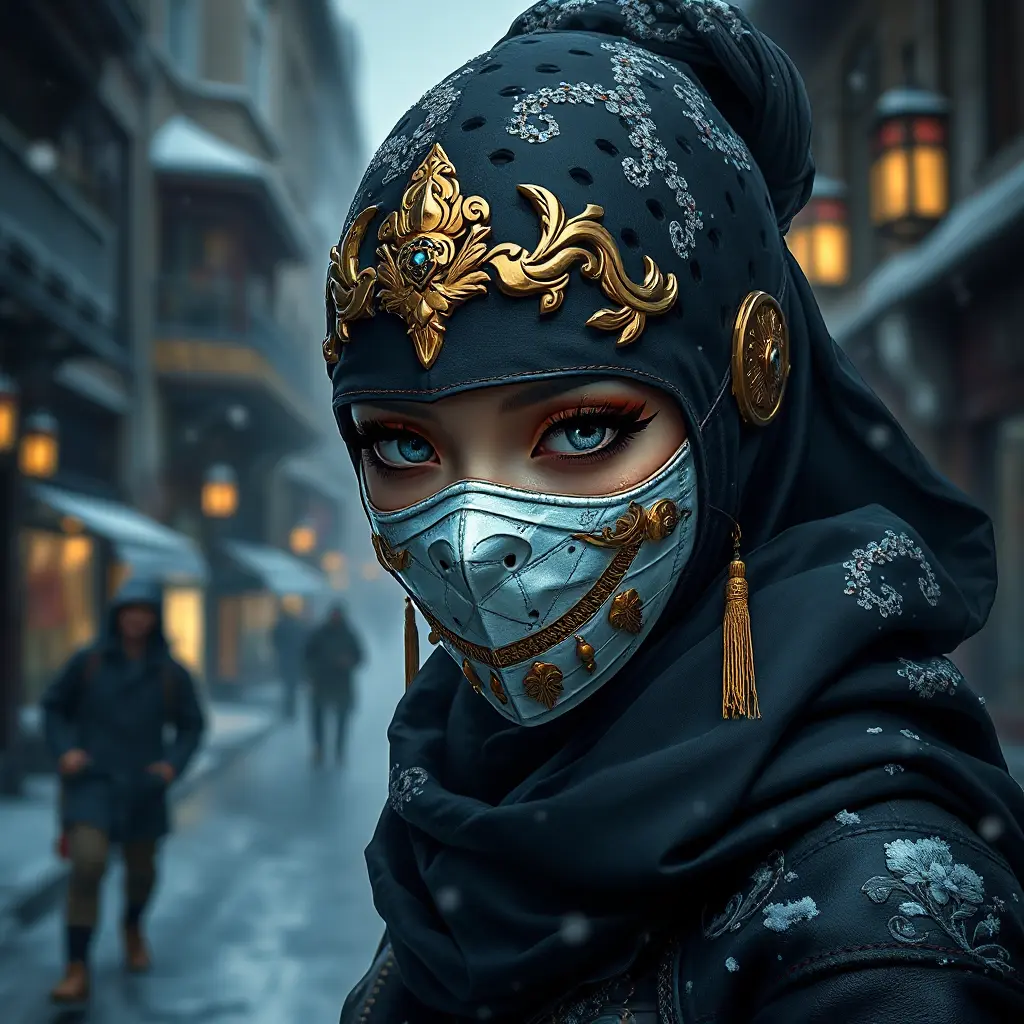 Wallpaper of a mysterious beautiful masked kunoichi ninja wearing eyeliner and gold jewelry in the streets of a dark snowy town in moscow, fluid motion, 8k, Intricate Details, Trending on Artstation, Beautiful, Stunning, Centered by Stanley Artgerm Lau, WLOP