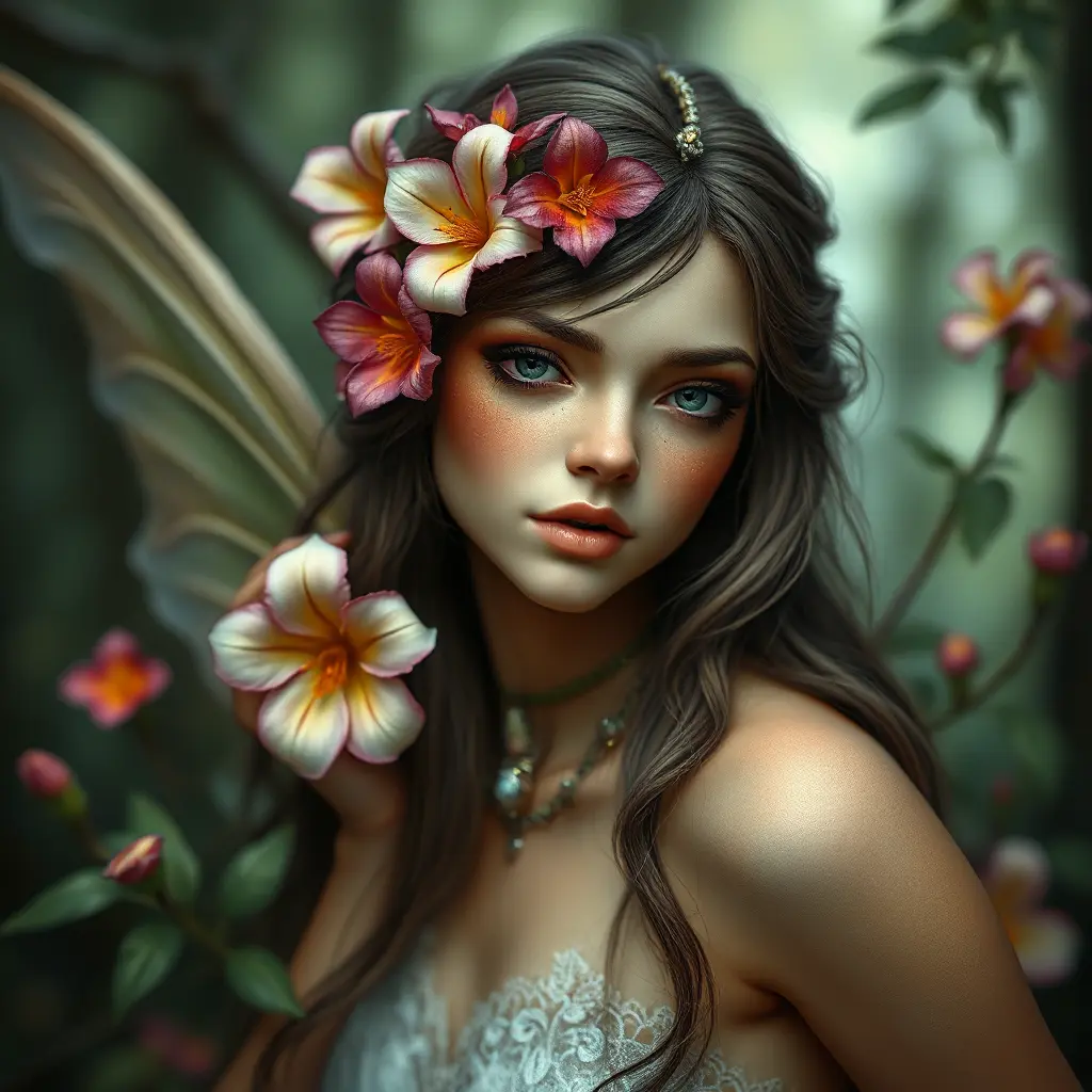 enchanting forest nymph with delicate features, vibrant wildflowers adorning her hair, Highly Detailed, Half Body, Gorgeous, Stunning, Elegant by Stanley Artgerm Lau, Stefan Kostic