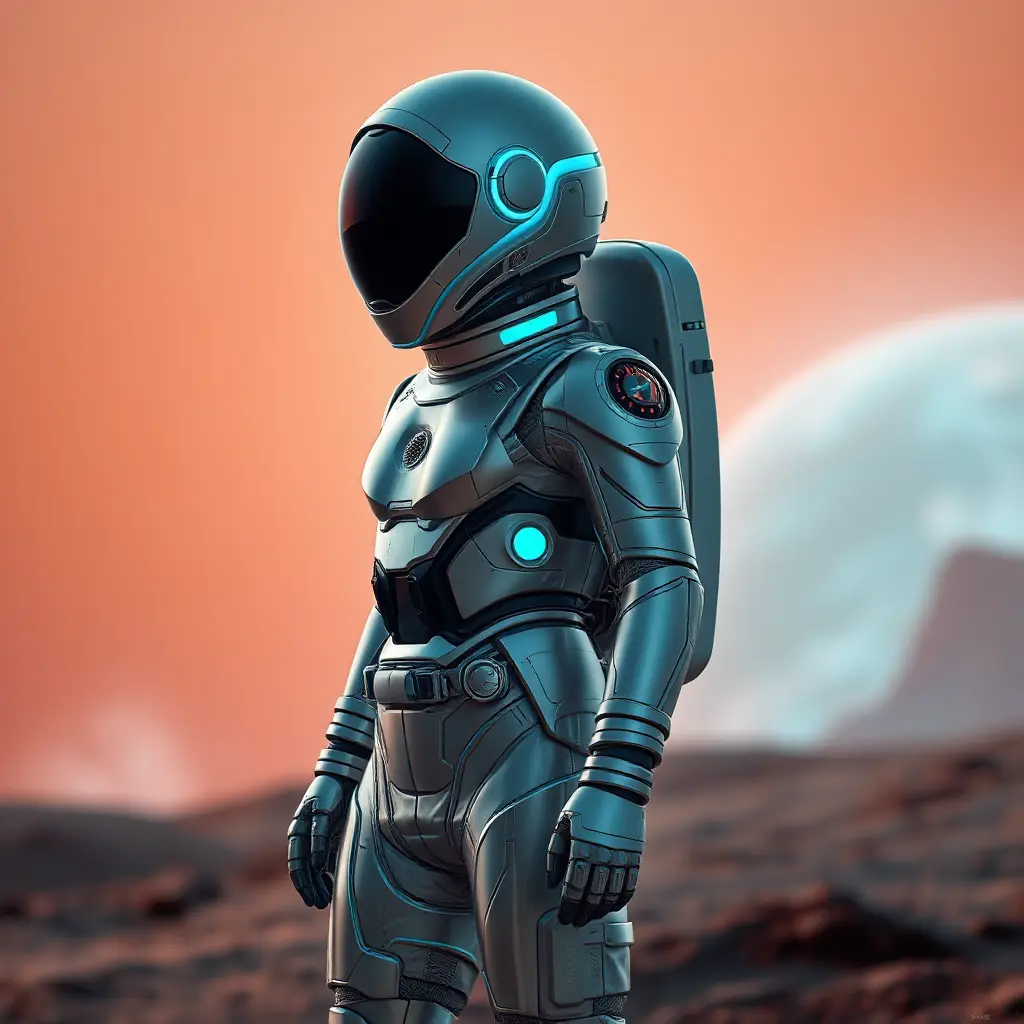 A futuristic astronaut with a sleek, silver spacesuit and a helmet adorned with glowing, neon-blue accents, standing on the surface of a distant, alien planet, Highly Detailed, Half Body, Gorgeous, Stunning, Elegant by Stefan Kostic