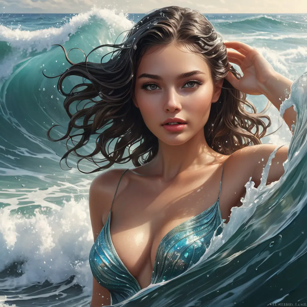 mysterious siren emerging from crashing waves, glistening droplets on her radiant skin, Highly Detailed, Half Body, Gorgeous, Stunning, Elegant by Stanley Artgerm Lau, Stefan Kostic