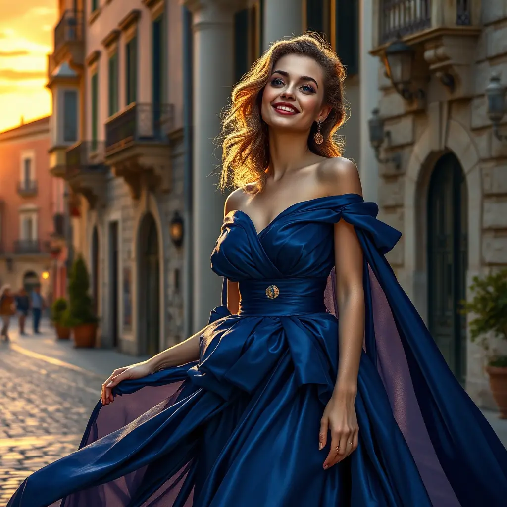 A woman with alabaster skin and deep azure eyes, adorned in a flowing gown of midnight blue silk that shimmers under the caress of a warm Mediterranean sunset, her laughter echoing like music over the cobblestone streets of an ancient city., Highly Detailed, Half Body, Gorgeous, Stunning, Elegant by Stanley Artgerm Lau