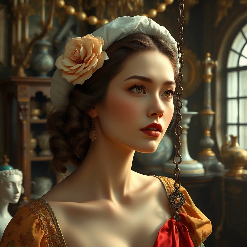 An embodiment of renaissance beauty, painted with colors that blend the Renaissance era's elegance and modern artistry, her expression one of thoughtful contemplation amidst an ornate studio filled with artifacts of the past., Highly Detailed, Half Body, Gorgeous, Stunning, Elegant by Stanley Artgerm Lau