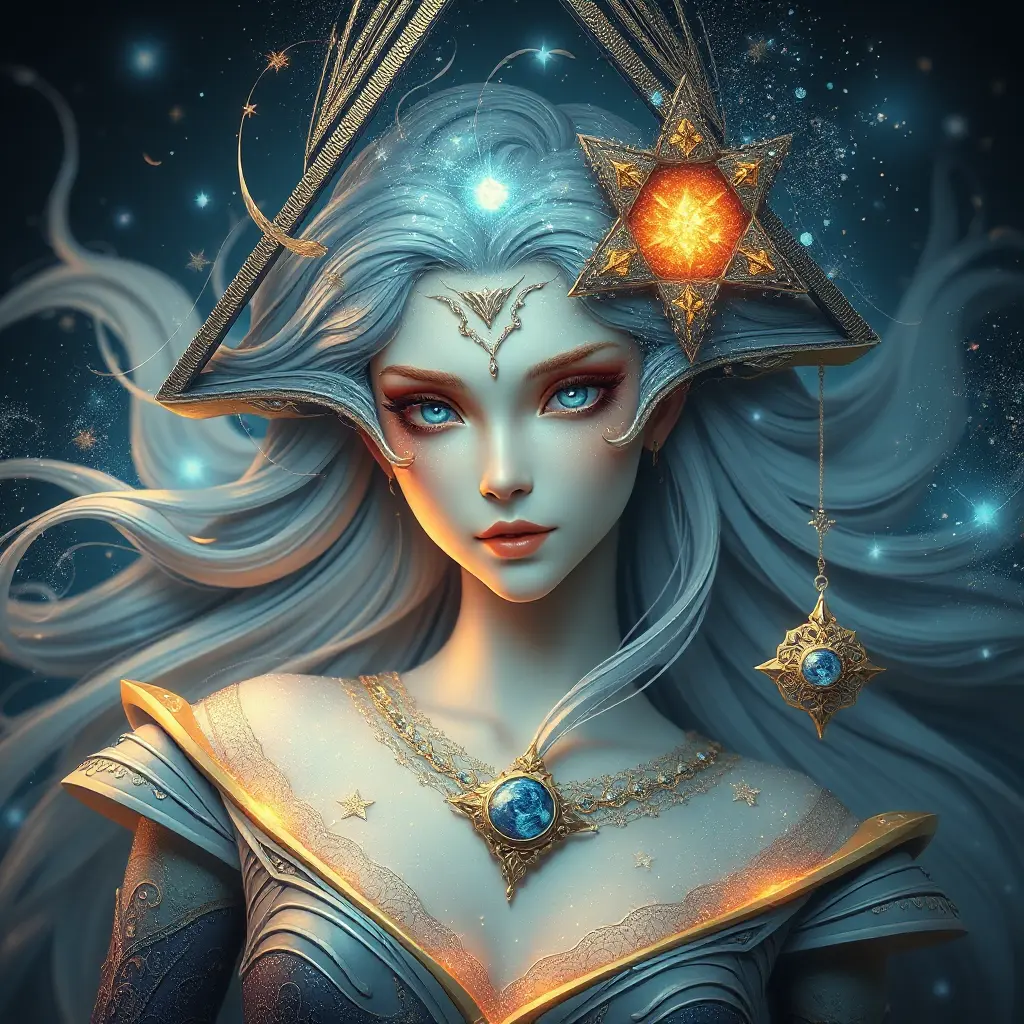 celestial being with cosmic eyes, stardust-infused tresses, and a transcendent aura, Highly Detailed, Half Body, Gorgeous, Stunning, Elegant by Stanley Artgerm Lau, Stefan Kostic