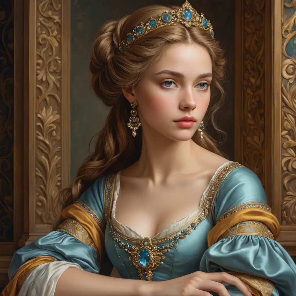 An embodiment of renaissance beauty, painted with colors that blend the Renaissance era's elegance and modern artistry, her expression one of thoughtful contemplation amidst an ornate studio filled with artifacts of the past., Highly Detailed, Half Body, Gorgeous, Stunning, Elegant by Stanley Artgerm Lau